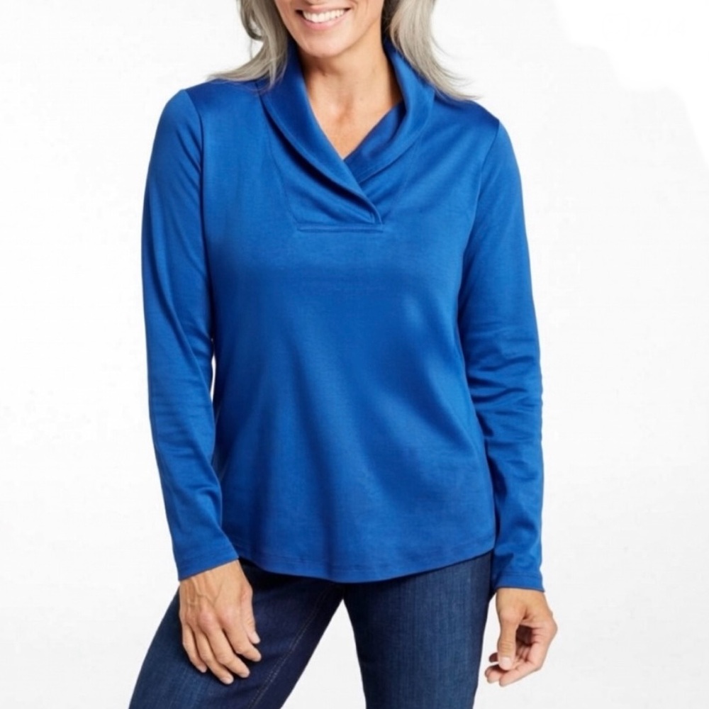 LLBEAN Pullover Shawl Collar Long Sleeve Women's Alpine Blue Knit Sweater